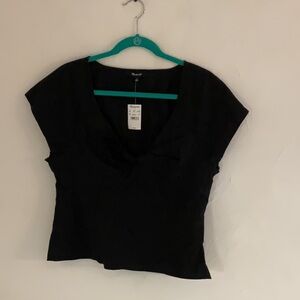 Madewell V Neck Cotton Cap Sleeve Top, Size 10, Black, NWT